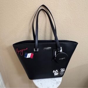 NWT KARL LAGERFELD Black Large Tote Bag Paris cat pins Coin Purse Work Office